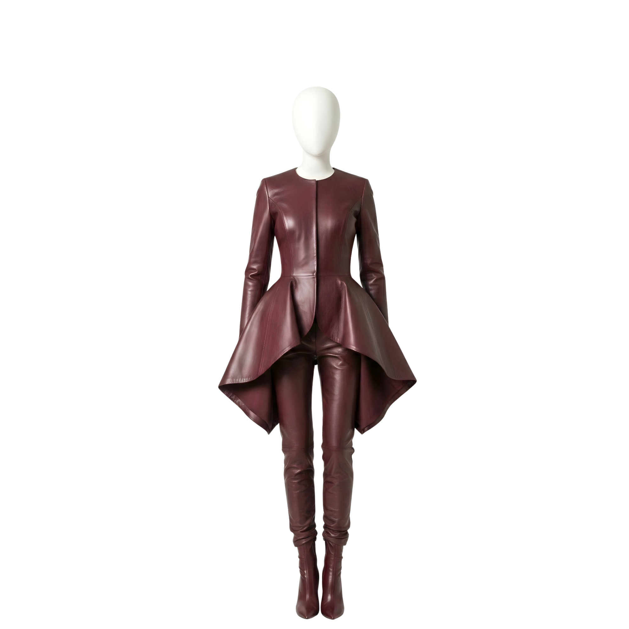 Women’s High-Low Leather Peplum Suit – Avant Garde Two-Piece Set – Dramatic Peplum Top and Slim Pants – Statement Fashion Outfit