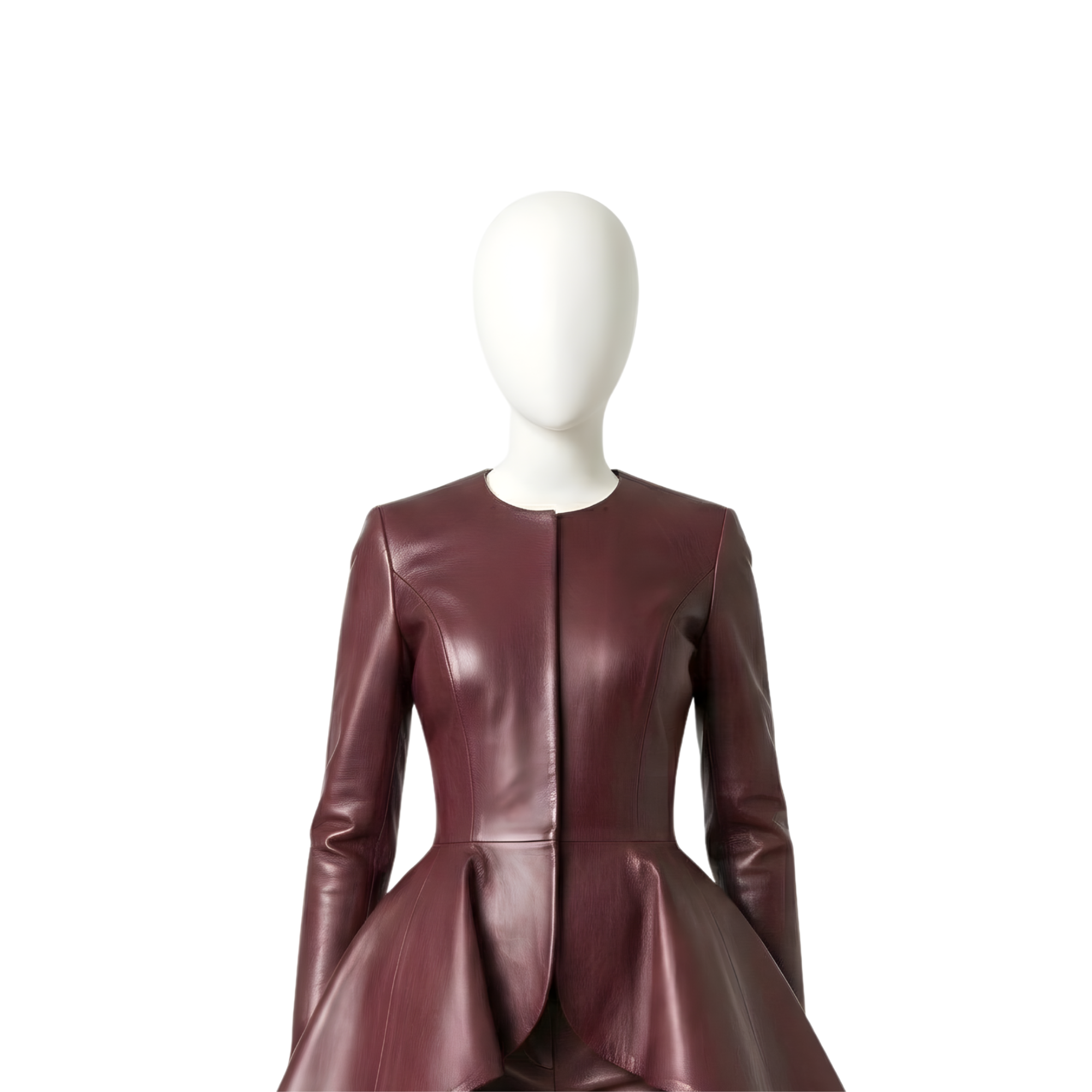 Women’s High-Low Leather Peplum Suit – Avant Garde Two-Piece Set – Dramatic Peplum Top and Slim Pants – Statement Fashion Outfit