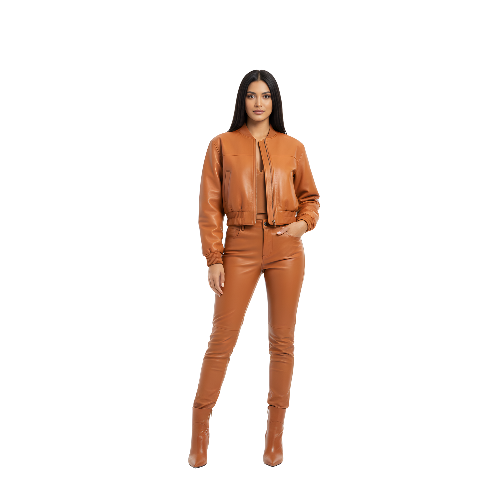 Women’s Leather Bomber Jacket and Pants Set - Trendy Matching Leather Outfit - Stylish Fall Outfit - High Waist Leather Pants for Women