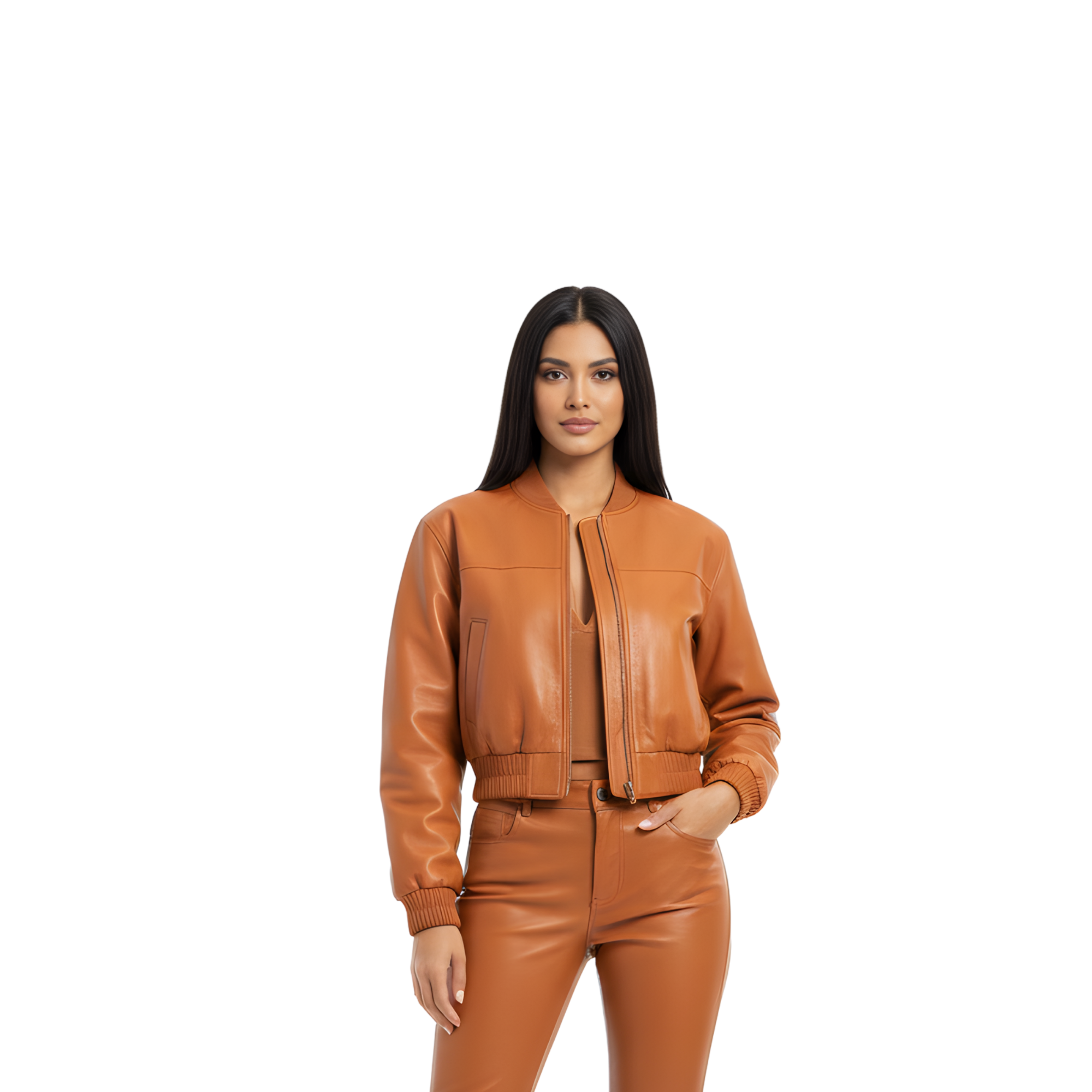 Women’s Leather Bomber Jacket and Pants Set - Trendy Matching Leather Outfit - Stylish Fall Outfit - High Waist Leather Pants for Women